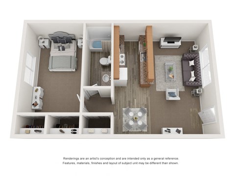 Floor plan for 1 bed, 1 bath, 608 sqft